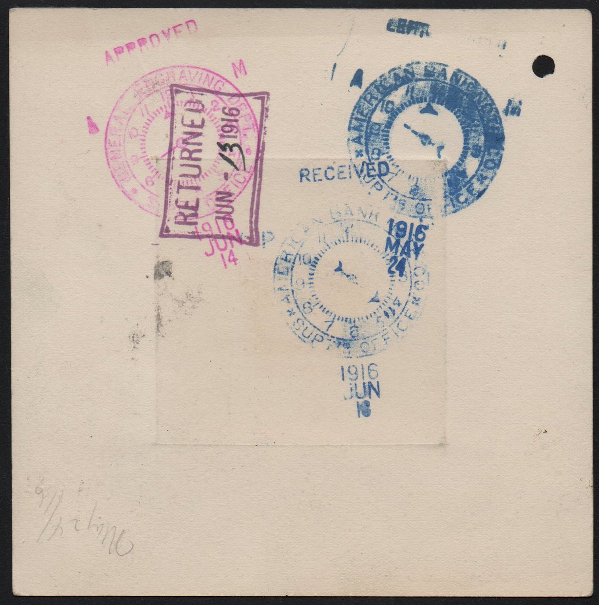 ABN Co. stamp archive working die proof of 5c - back - timbres-poste Briefmarken stamps El Salvador Tram Trolley Tranvia National Theatre teatro nacional 